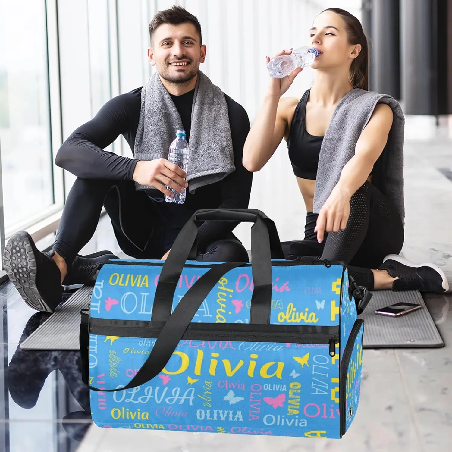 Personalized Butterfly Duffel Bag with Shoes Compartment Custom Name Travel Sports Bag for Women Men Waterproof Dance Ballet Bag Lightweight, Blue