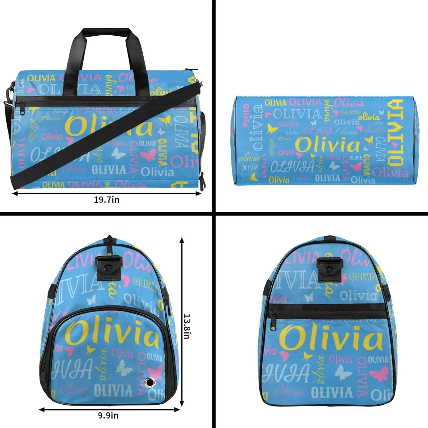 Personalized Butterfly Duffel Bag with Shoes Compartment Custom Name Travel Sports Bag for Women Men Waterproof Dance Ballet Bag Lightweight, Blue