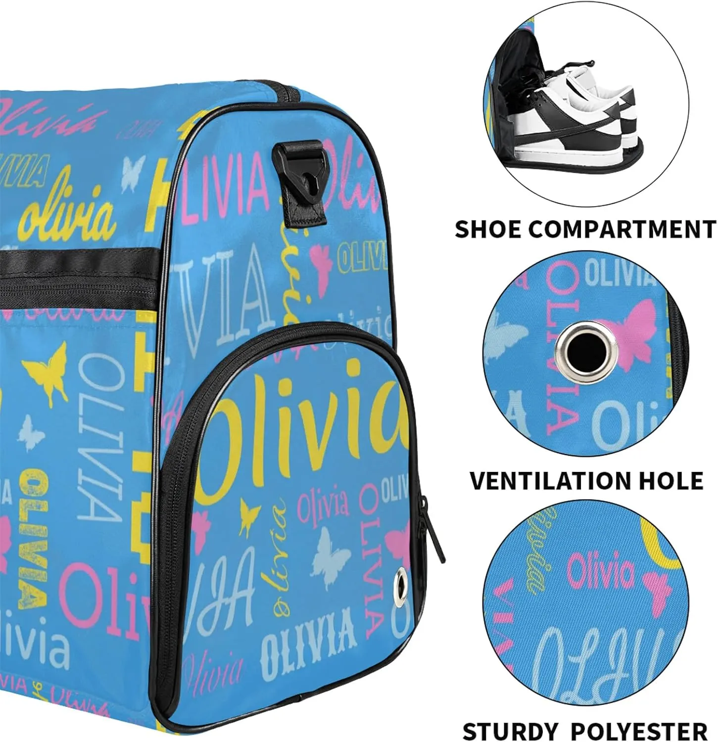 Personalized Butterfly Duffel Bag with Shoes Compartment Custom Name Travel Sports Bag for Women Men Waterproof Dance Ballet Bag Lightweight, Blue