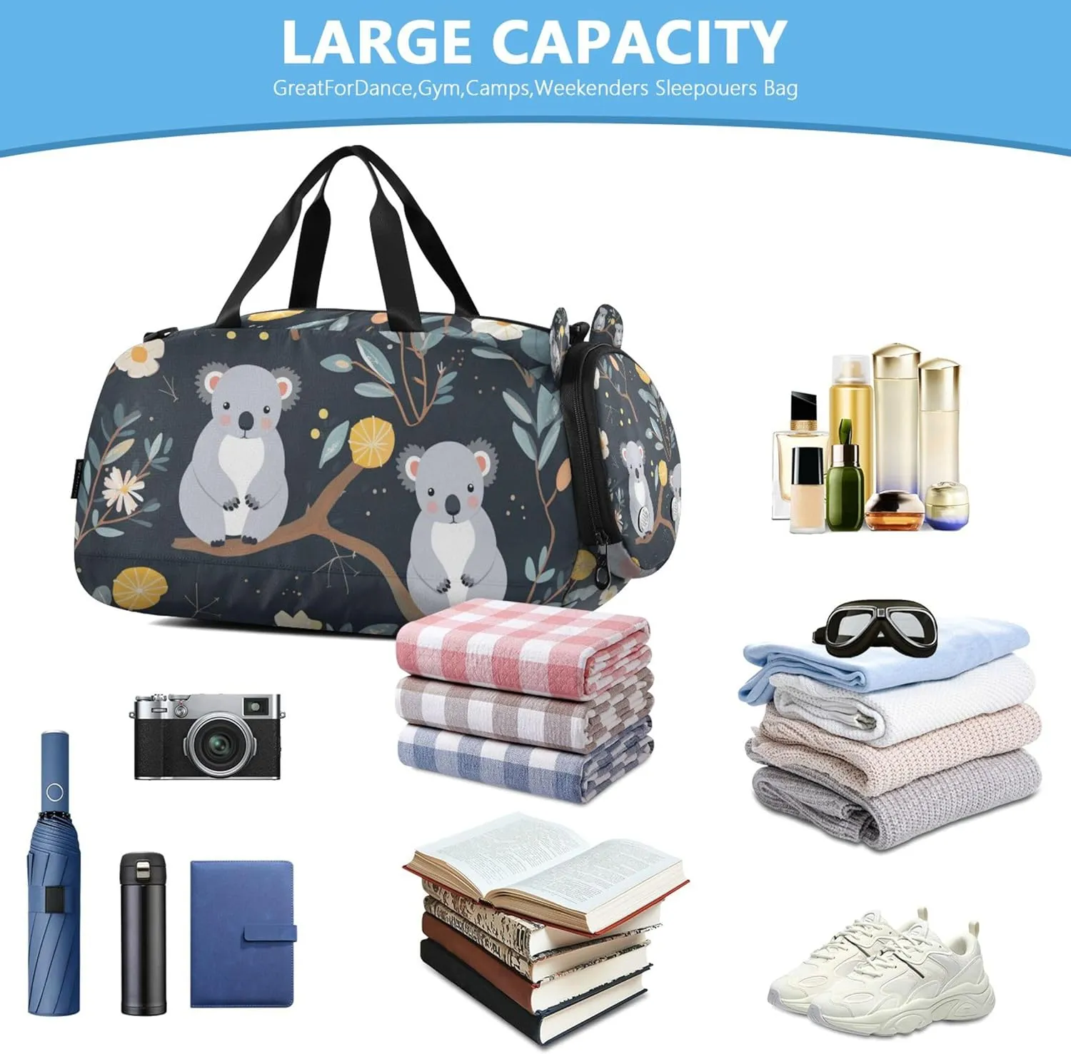 Personalized Raccoon Navy Blue Gym Duffel Bag with Shoes Compartment Multifunctional Sports Bag Travel Tote for Travel, Sports, Duffel, Weekender