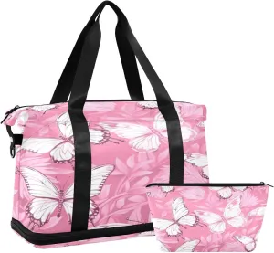 Pink Butterfly Gym Bag for Men Women with Shoes Compartment & Wet Pocket Sport Travel Duffel Bag Waterproof Weekender Overnight Bag