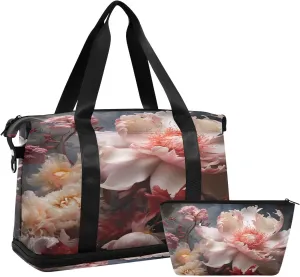Pink Flowers Gym Bag for Men Women with Shoes Compartment & Wet Pocket Sport Travel Duffel Bag Waterproof Weekender Overnight Bag