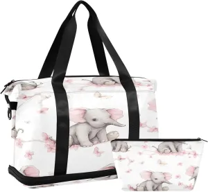 Pink Gray Elephants Gym Bag for Men Women with Shoes Compartment & Wet Pocket Sport Travel Duffel Bag Waterproof Weekender Overnight Bag