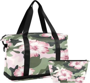 Pink Hibiscus Camouflage Travel Duffel Bag, Waterproof Sports Tote Gym Bag with Shoes Compartment, Shoulder Weekender Overnight Bag for Women Men187