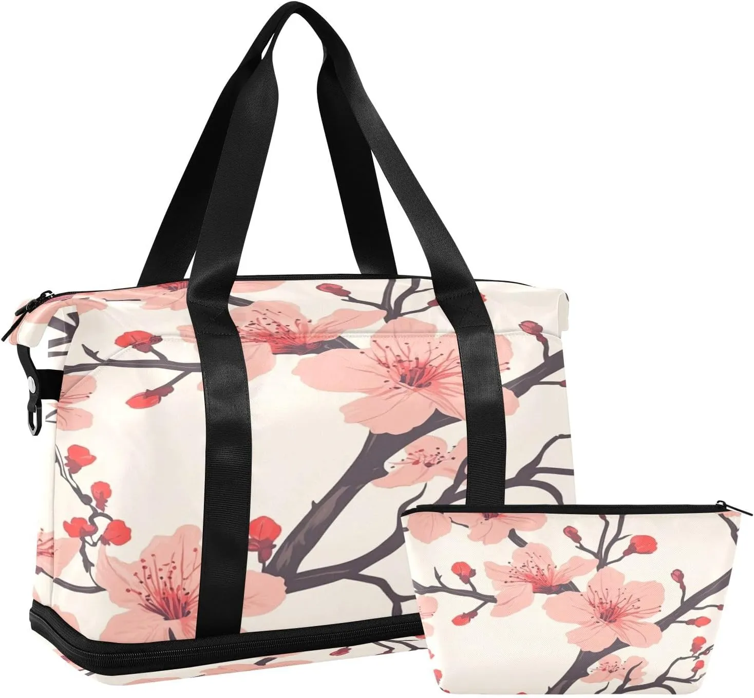 Pink Peach Flowers Sports Gym Bag,Travel Duffel bag with Wet Pocket & Shoes Compartment Lightweight Waterproof Overnight Bag for Men Women
