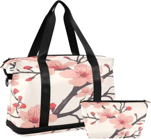 Pink Peach Flowers Sports Gym Bag,Travel Duffel bag with Wet Pocket & Shoes Compartment Lightweight Waterproof Overnight Bag for Men Women