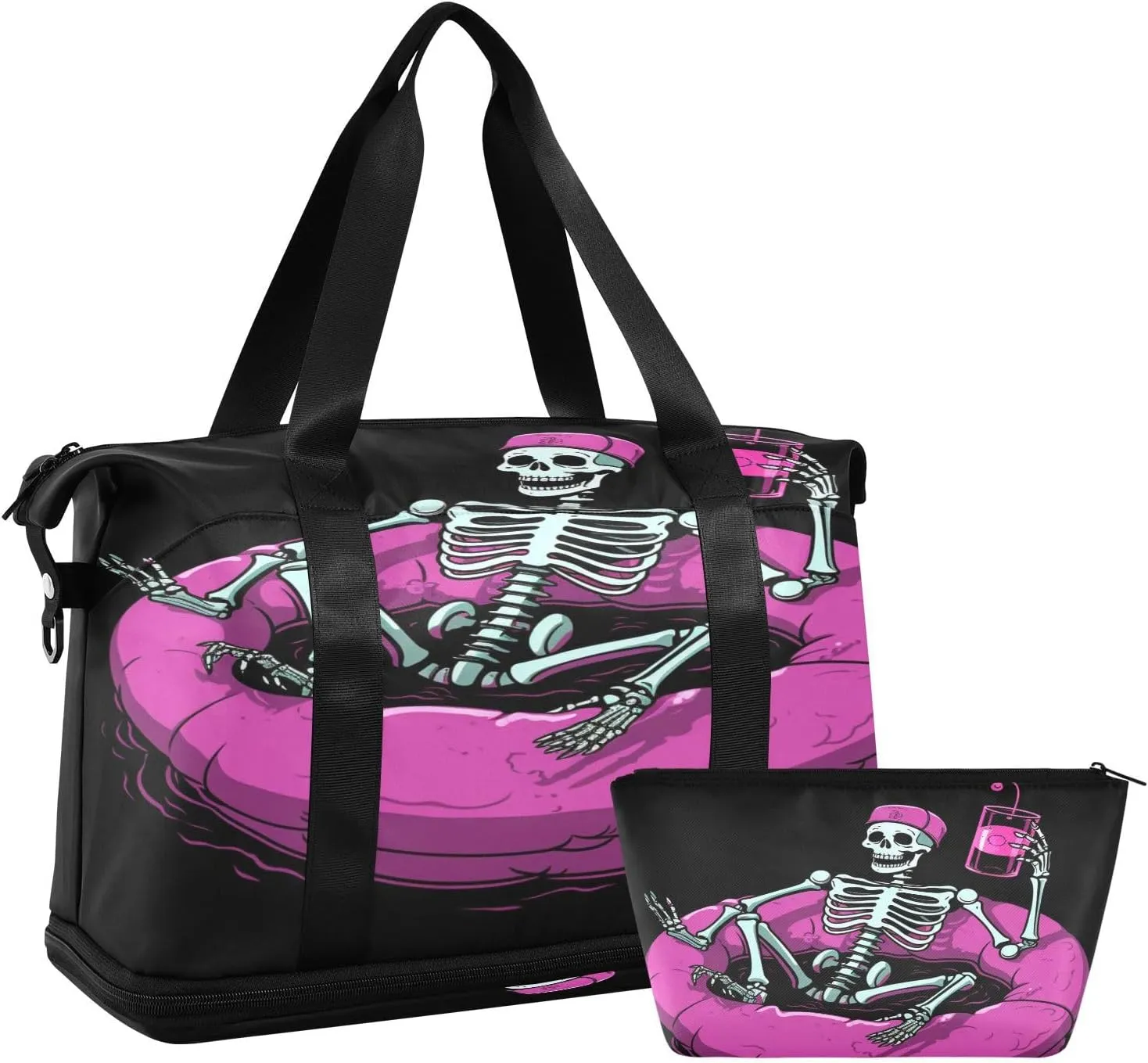 Pink Skeleton Gym Bag for Men Women with Shoes Compartment & Wet Pocket Sport Travel Duffel Bag Waterproof Weekender Overnight Bag
