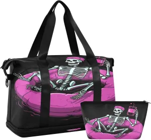 Pink Skeleton Gym Bag for Men Women with Shoes Compartment & Wet Pocket Sport Travel Duffel Bag Waterproof Weekender Overnight Bag