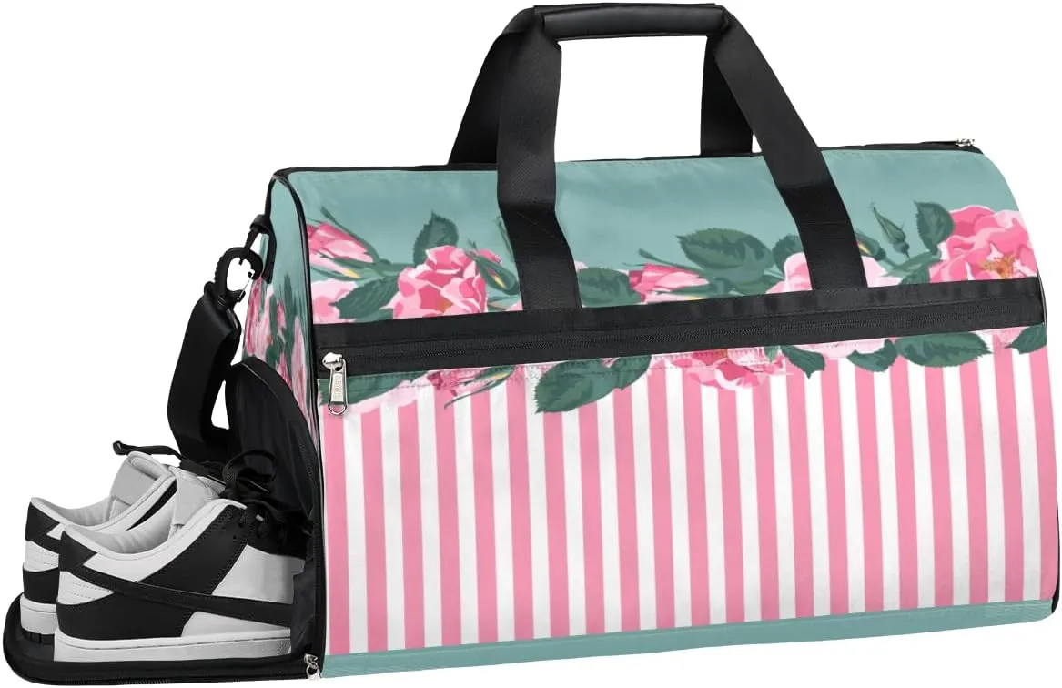 Pink Stripe Floral Gym Bag for Men Women Fitness Workout Sports Duffle Bag with Shoes Compartment Water Resistant Overnight Weekender Duffel Bag