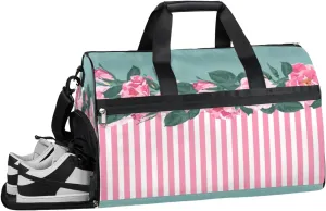 Pink Stripe Floral Gym Bag for Men Women Fitness Workout Sports Duffle Bag with Shoes Compartment Water Resistant Overnight Weekender Duffel Bag