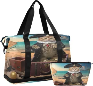 Pirate Captain Cat Sports Gym Bag,Travel Duffel bag with Wet Pocket & Shoes Compartment Lightweight Waterproof Overnight Bag for Men Women
