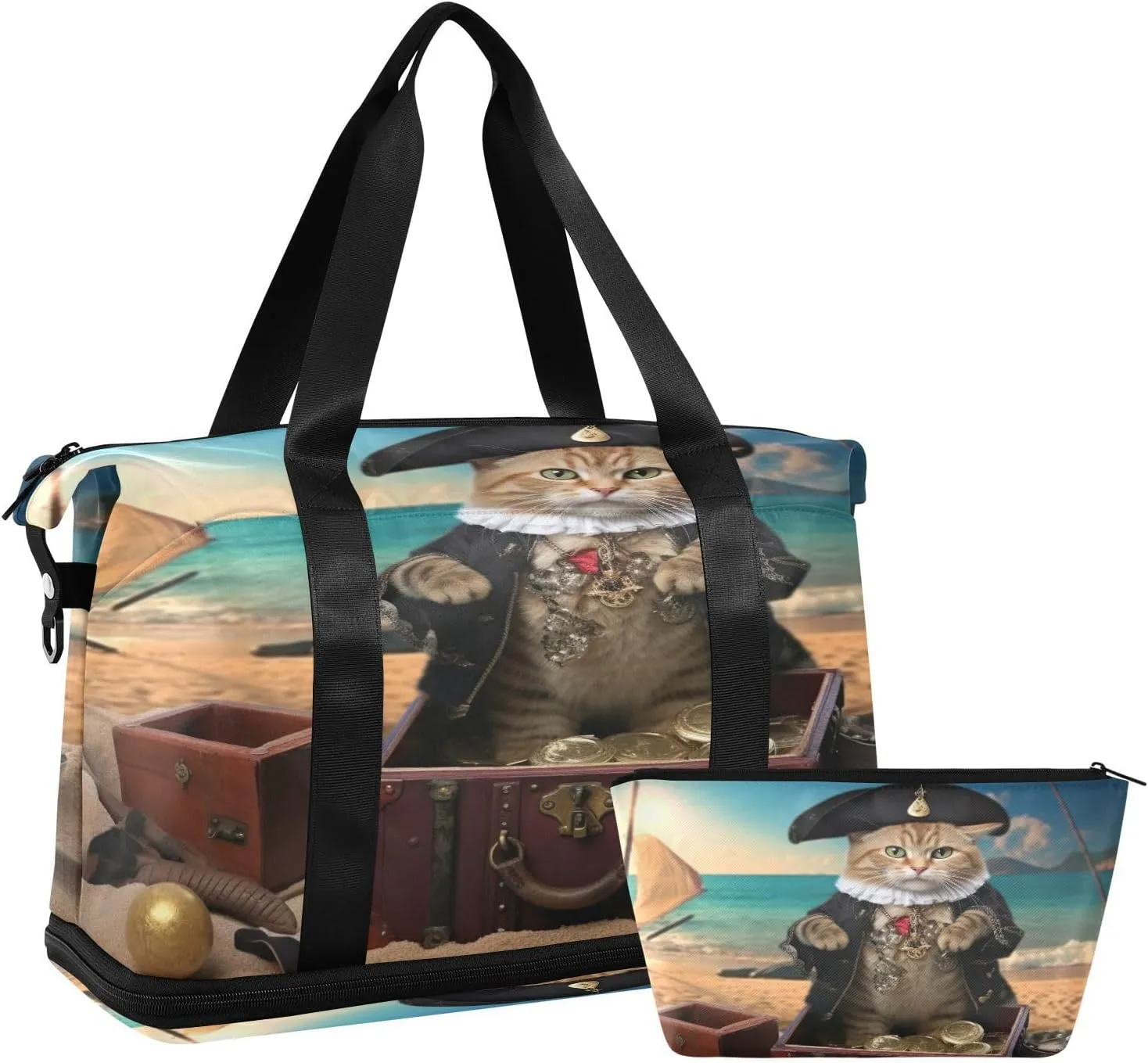 Pirate Captain Cat Sports Gym Bag,Travel Duffel bag with Wet Pocket & Shoes Compartment Lightweight Waterproof Overnight Bag for Men Women
