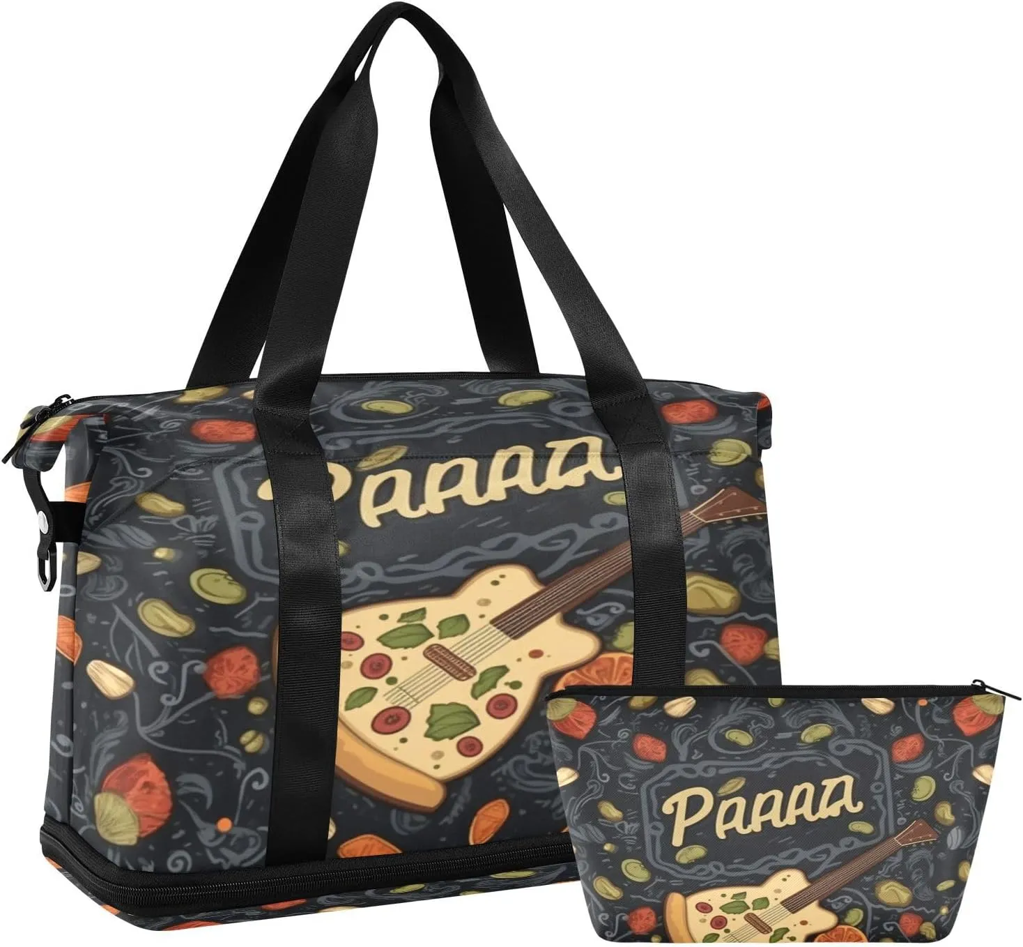 Pizza and Fruits Gym Bag for Men Women with Shoes Compartment & Wet Pocket Sport Travel Duffel Bag Waterproof Weekender Overnight Bag