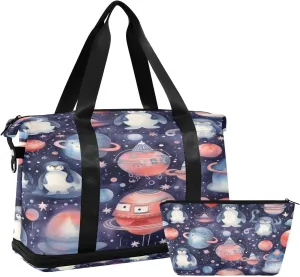 Planets and Penguins Gym Bag for Men Women with Shoes Compartment & Wet Pocket Sport Travel Duffel Bag Waterproof Weekender Overnight Bag