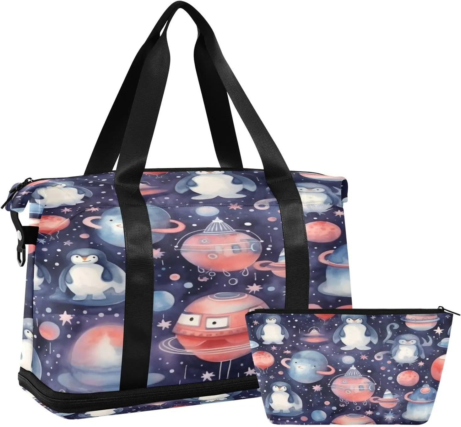 Planets and Penguins Gym Bag for Men Women with Shoes Compartment & Wet Pocket Sport Travel Duffel Bag Waterproof Weekender Overnight Bag