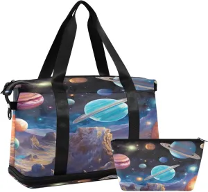 Planets and Stars Sports Gym Bag,Travel Duffel bag with Wet Pocket & Shoes Compartment Lightweight Waterproof Overnight Bag for Men Women