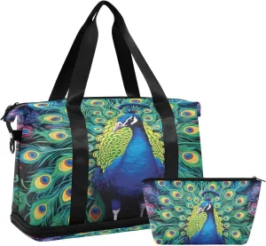 Plump Peacock Gym Bag for Men Women with Shoes Compartment & Wet Pocket Sport Travel Duffel Bag Waterproof Weekender Overnight Bag