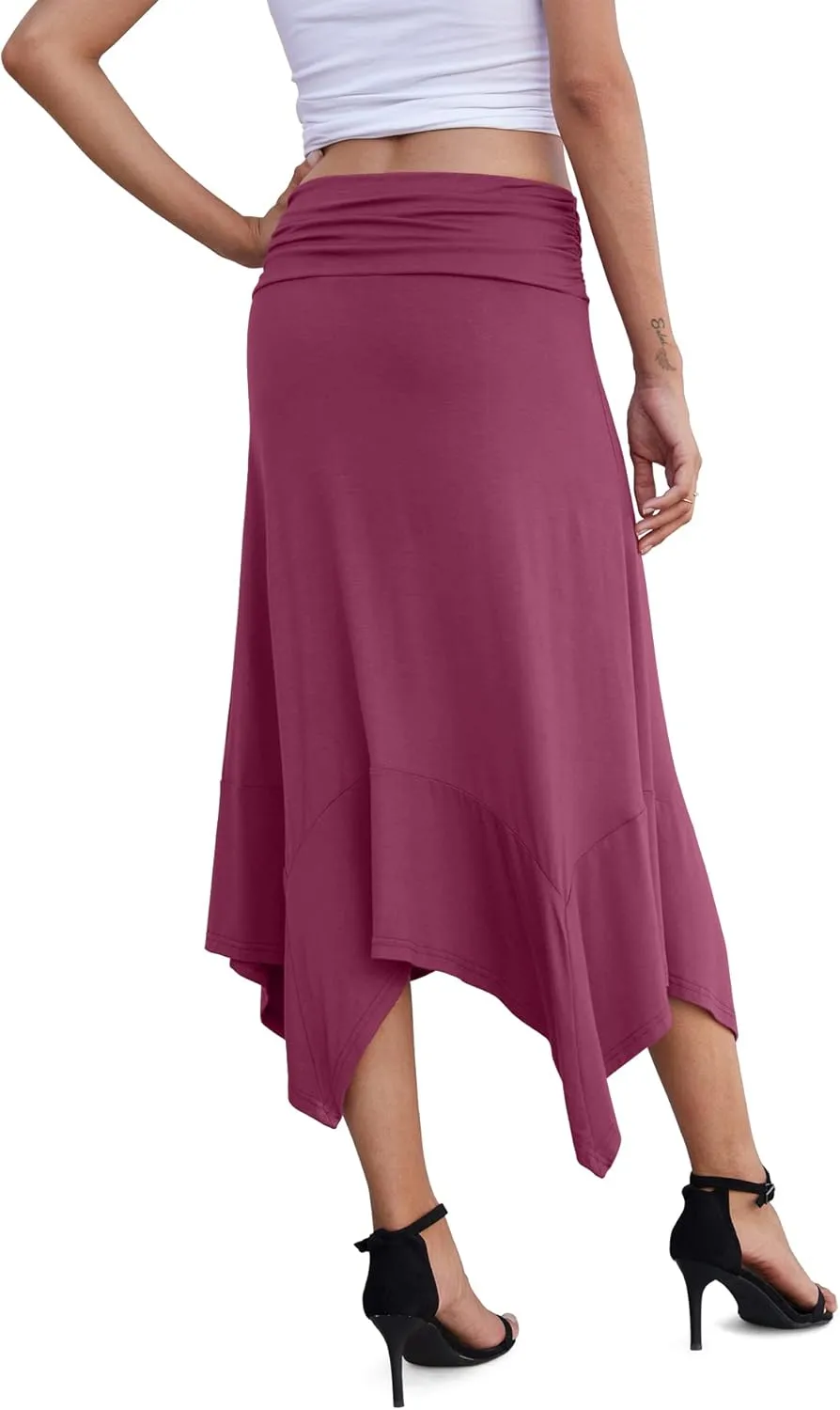 PrinStory Women's Casual Elegant Flowy Handkerchief Hemline Midi Skirt