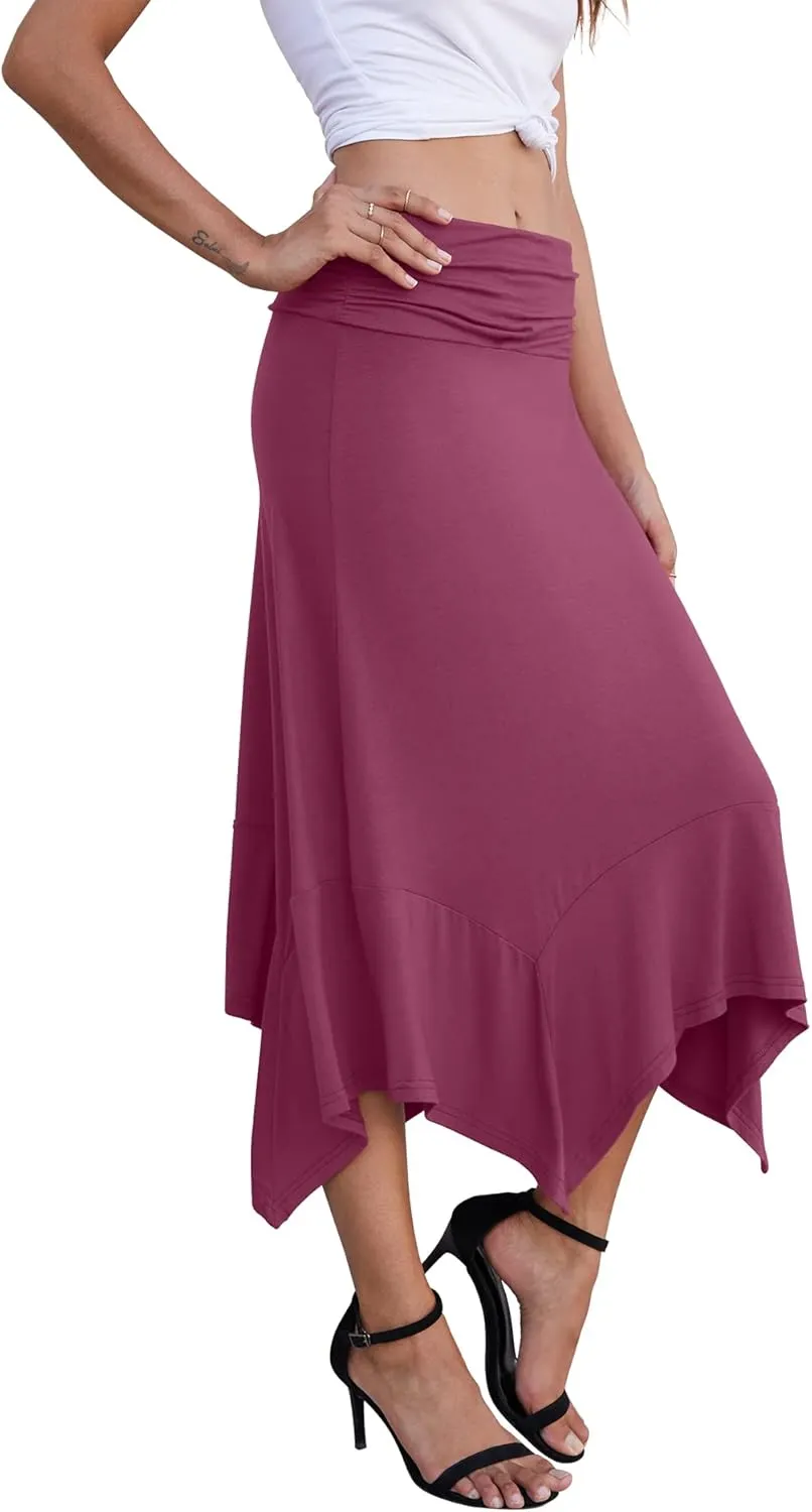 PrinStory Women's Casual Elegant Flowy Handkerchief Hemline Midi Skirt