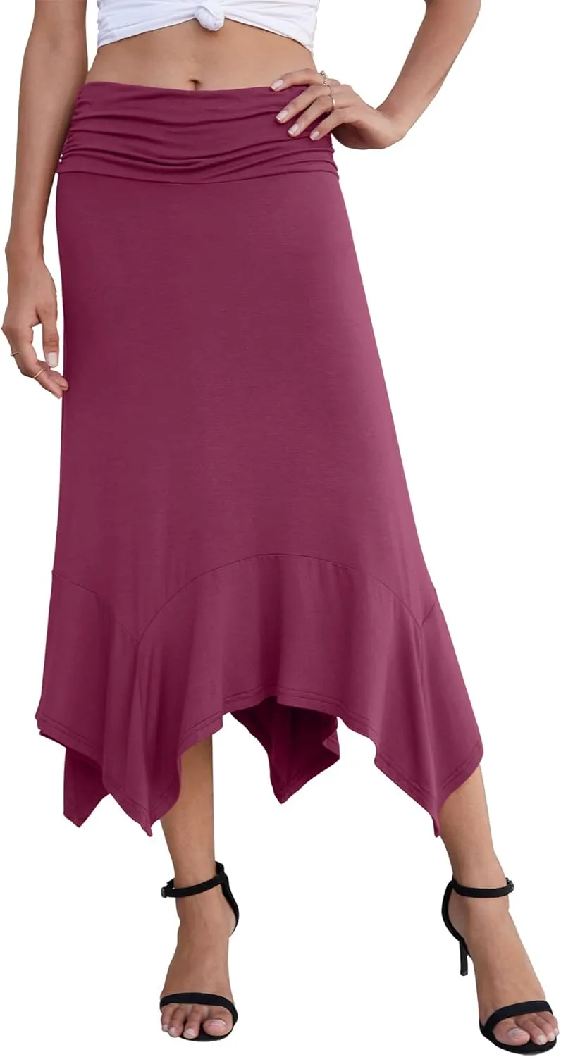 PrinStory Women's Casual Elegant Flowy Handkerchief Hemline Midi Skirt