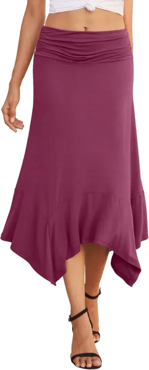 PrinStory Women's Casual Elegant Flowy Handkerchief Hemline Midi Skirt