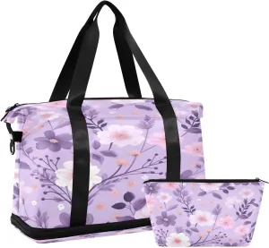 Purple Flower Gym Bag for Men Women with Shoes Compartment & Wet Pocket Sport Travel Duffel Bag Waterproof Weekender Overnight Bag