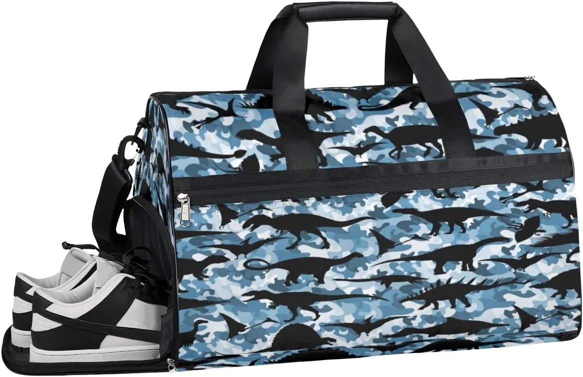 QsirBC Amusing Dinosaur Gym Bag for Women Duffle Tote with Shoes Compartment Men Weekender Duffel for Travel Swimming Sports Overnight