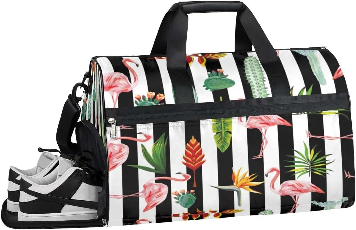 QsirBC Cactus Flamingo Grass Gym Bag for Women Duffle Tote with Shoes Compartment Men Weekender Duffel For Travel Sports Swimming Overnight