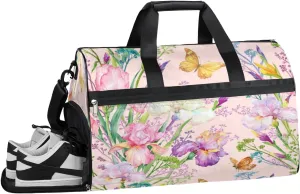 QsirBC Colored Flower Butterfly Gym Bag for Women Duffle Tote with Shoes Compartment Men Weekender Duffel For Travel Sports Swimming Overnight
