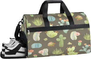 QsirBC Lovely Cactus Print Gym Bag for Women Duffle Tote with Shoes Compartment Men Weekender Duffel For Travel Sports Swimming Overnight