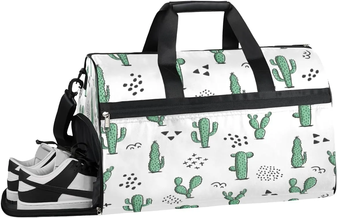 QsirBC Plants Style Cactus Gym Bag for Women Duffle Tote with Shoes Compartment Men Weekender Duffel For Travel Sports Swimming Overnight