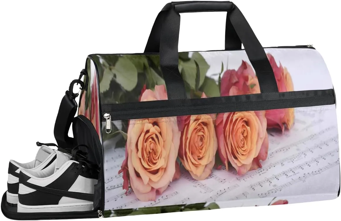 QsirBC Roses Sheet Music Gym Bag for Women Duffle Tote with Shoes Compartment Men Weekender Duffel For Travel Sports Swimming Overnight
