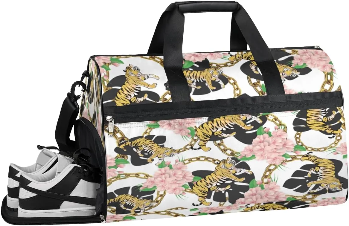 QsirBC Tigers Flowers Pattern Gym Bag for Women Duffle Tote with Shoes Compartment Men Weekender Duffel For Travel Sports Swimming Overnight