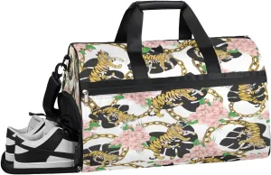 QsirBC Tigers Flowers Pattern Gym Bag for Women Duffle Tote with Shoes Compartment Men Weekender Duffel For Travel Sports Swimming Overnight
