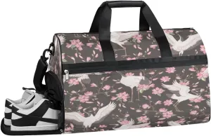 QsirBC Vintage Crane Flowers Gym Bag for Women Duffle Tote with Shoes Compartment Men Weekender Duffel For Travel Sports Swimming Overnight