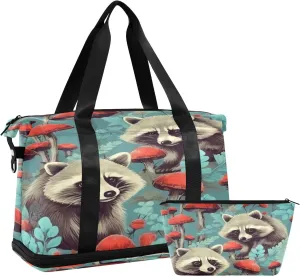 Raccoons and Mushrooms Gym Bag for Men Women with Shoes Compartment & Wet Pocket Sport Travel Duffel Bag Waterproof Weekender Overnight Bag
