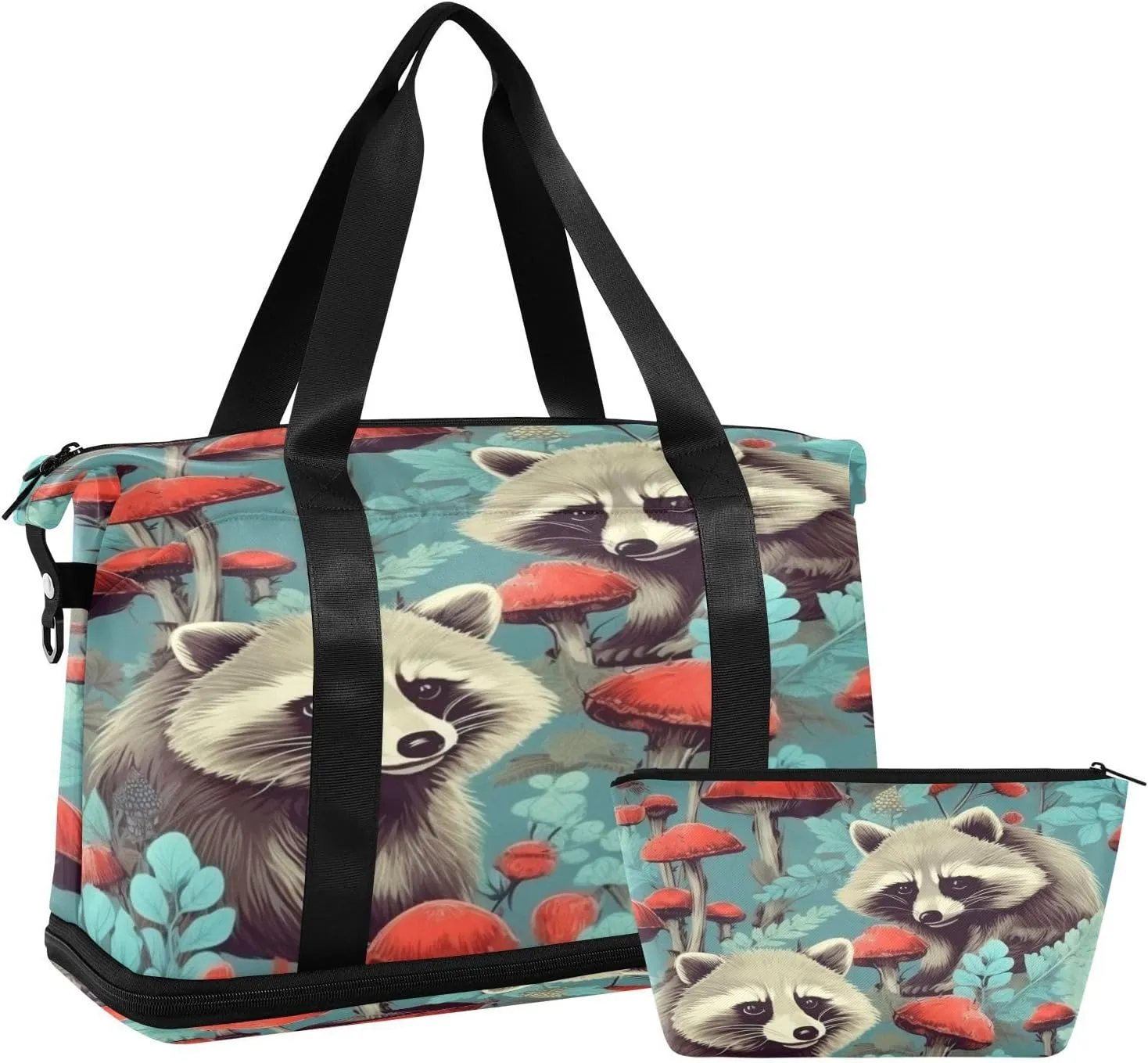 Raccoons and Mushrooms Gym Bag for Men Women with Shoes Compartment & Wet Pocket Sport Travel Duffel Bag Waterproof Weekender Overnight Bag