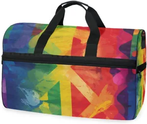 Rainbow Peace Sign Travel Duffel Bag Luggage Sports Gym Bags With Shoes Compartment Large Capacity Lightweight Duffle Bag For Men Women