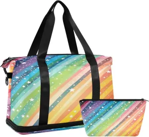 Rainbow Stars Stripes Sports Gym Bag,Travel Duffel bag with Wet Pocket & Shoes Compartment Lightweight Waterproof Overnight Bag for Men Women