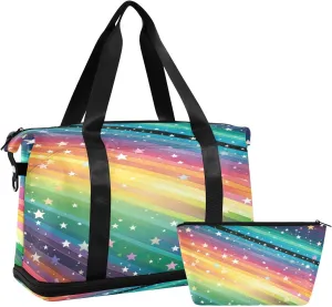 Rainbow Stars Stripes Sports Gym Bag,Travel Duffel bag with Wet Pocket & Shoes Compartment Lightweight Waterproof Overnight Bag for Men Women
