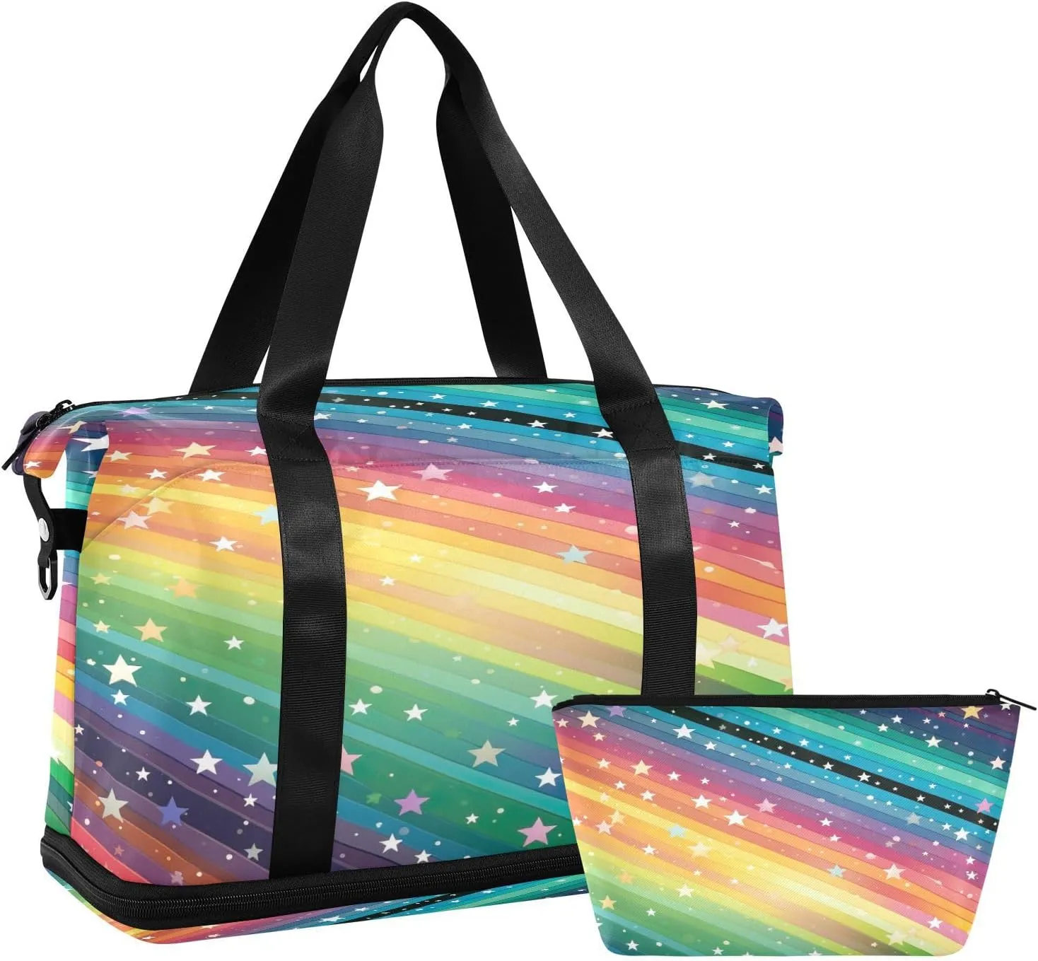 Rainbow Stars Stripes Sports Gym Bag,Travel Duffel bag with Wet Pocket & Shoes Compartment Lightweight Waterproof Overnight Bag for Men Women