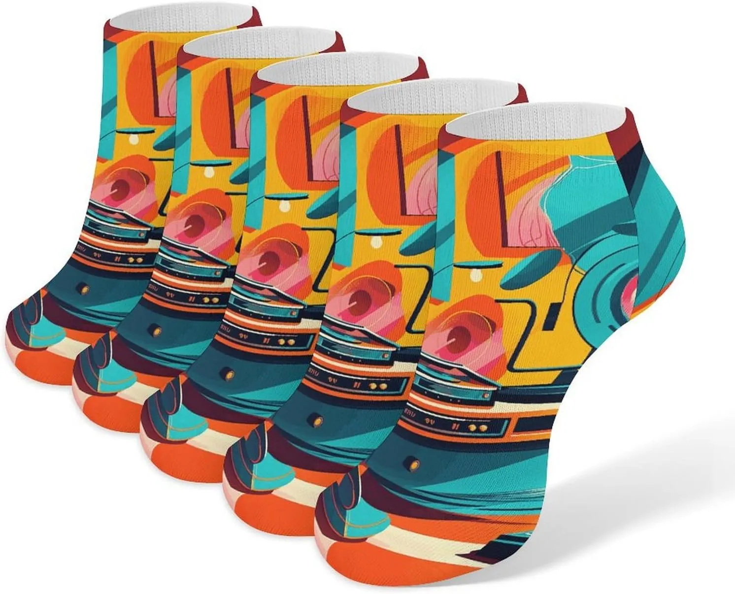Record Player Painting Ankle Socks Soft Breathable No Show Socks Comfortable Cotton Low Cut Casual Socks for Women Men 5 Pairs