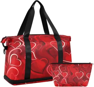 Red Hearts Pattern Gym Bag for Men Women with Shoes Compartment & Wet Pocket Sport Travel Duffel Bag Waterproof Weekender Overnight Bag