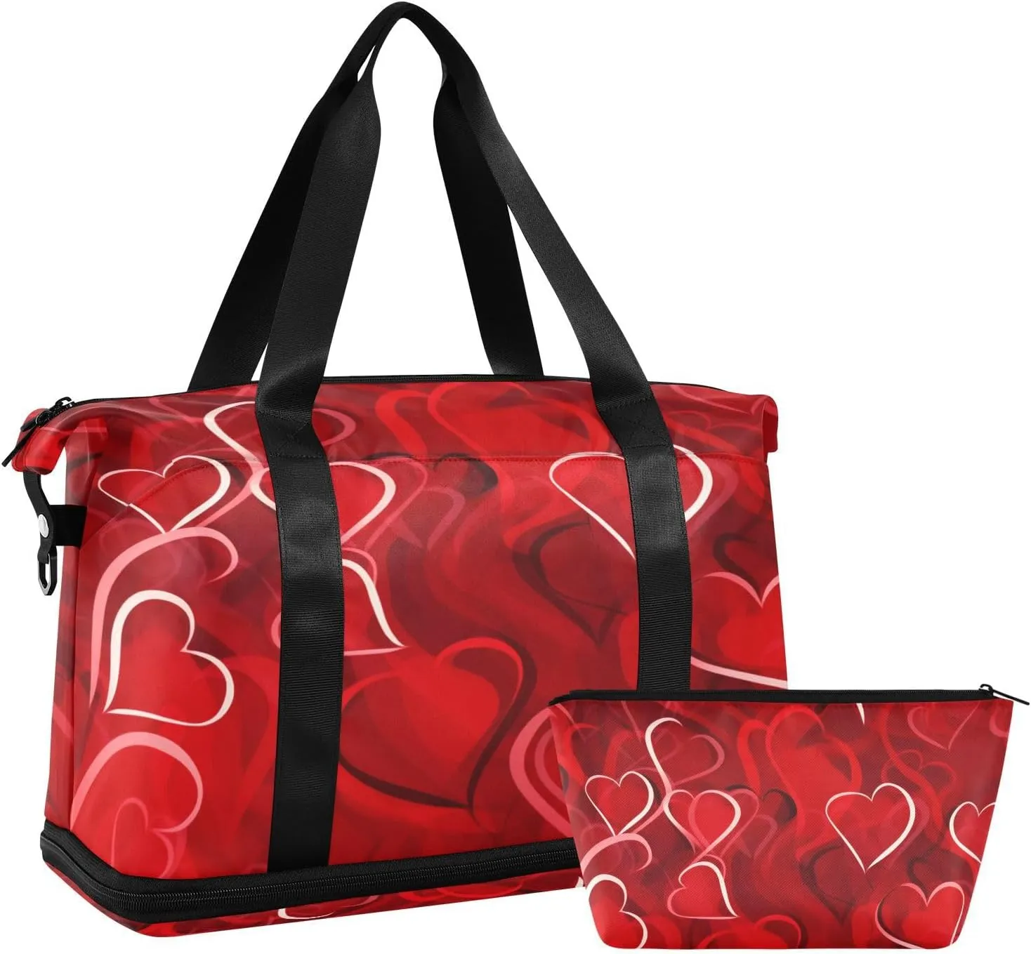Red Hearts Pattern Gym Bag for Men Women with Shoes Compartment & Wet Pocket Sport Travel Duffel Bag Waterproof Weekender Overnight Bag