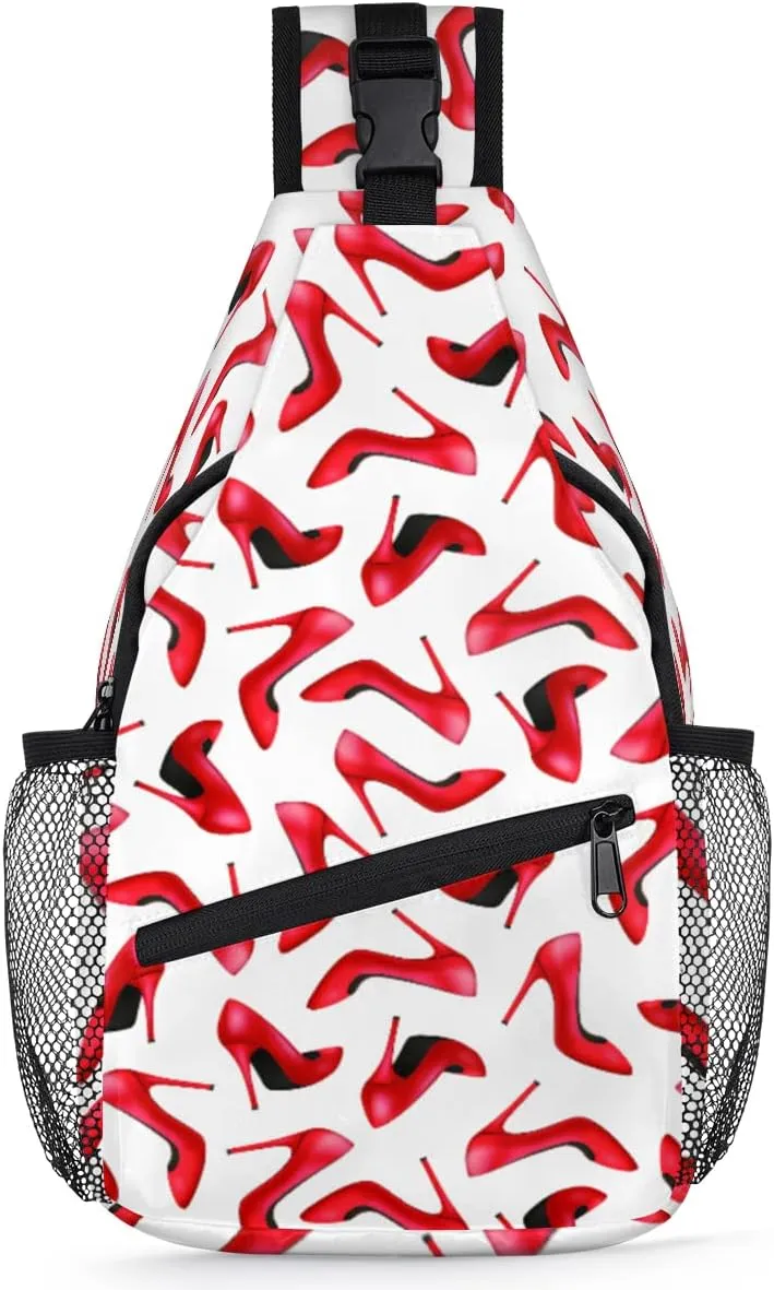Red Shoes Pattern Sling Bag Crossbody Sling Backpack for Women Men, Travel Hiking Chest Bag Daypack Small Cross Body Sling Bags