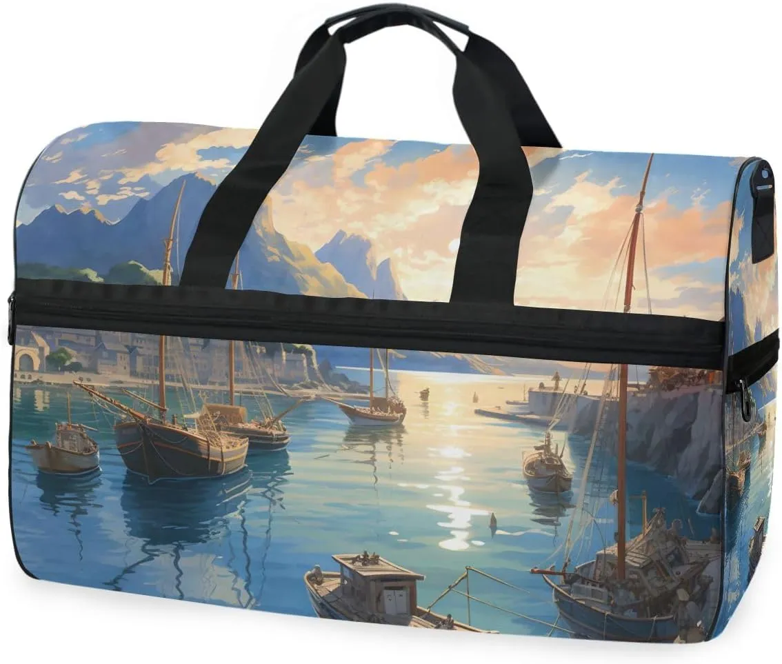 Sailing Sailboat Seaway Travel Duffel Bag Luggage Sports Gym Bags With Shoes Compartment Large Capacity Lightweight Duffle Bag For Men Women
