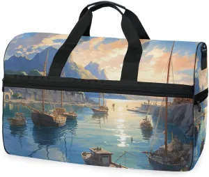 Sailing Sailboat Seaway Travel Duffel Bag Luggage Sports Gym Bags With Shoes Compartment Large Capacity Lightweight Duffle Bag For Men Women