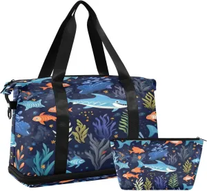 Sea Animals Sports Gym Bag,Travel Duffel bag with Wet Pocket & Shoes Compartment Lightweight Waterproof Overnight Bag for Men Women