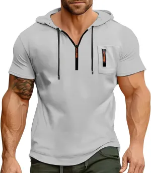 Short Sleeve Hoodies for Men 1/4 Zip Hooded T Shirts Lightweight Casual Summer Men's Clothing Tops M to 3XL