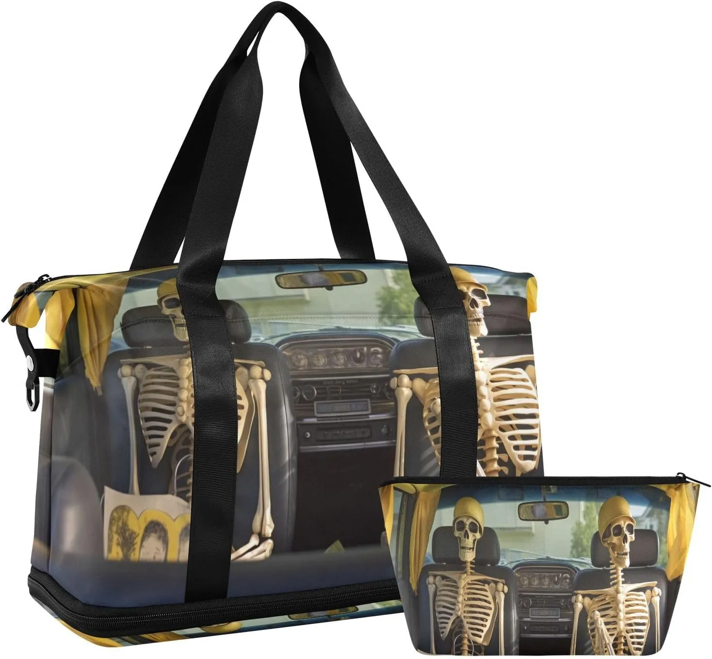 Skeletons on Car Gym Bag for Men Women with Shoes Compartment & Wet Pocket Sport Travel Duffel Bag Waterproof Weekender Overnight Bag
